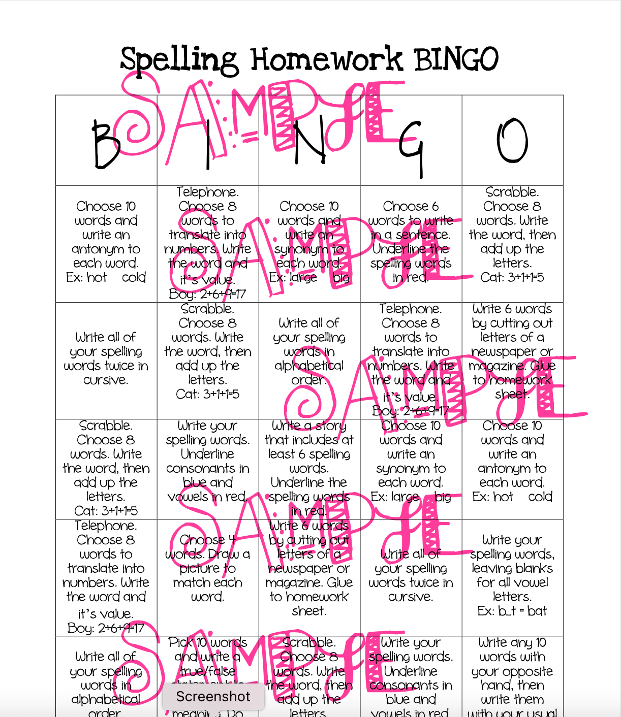 Spelling BINGO Sheets - Spelling Menu ( for ELA centers or Homework )