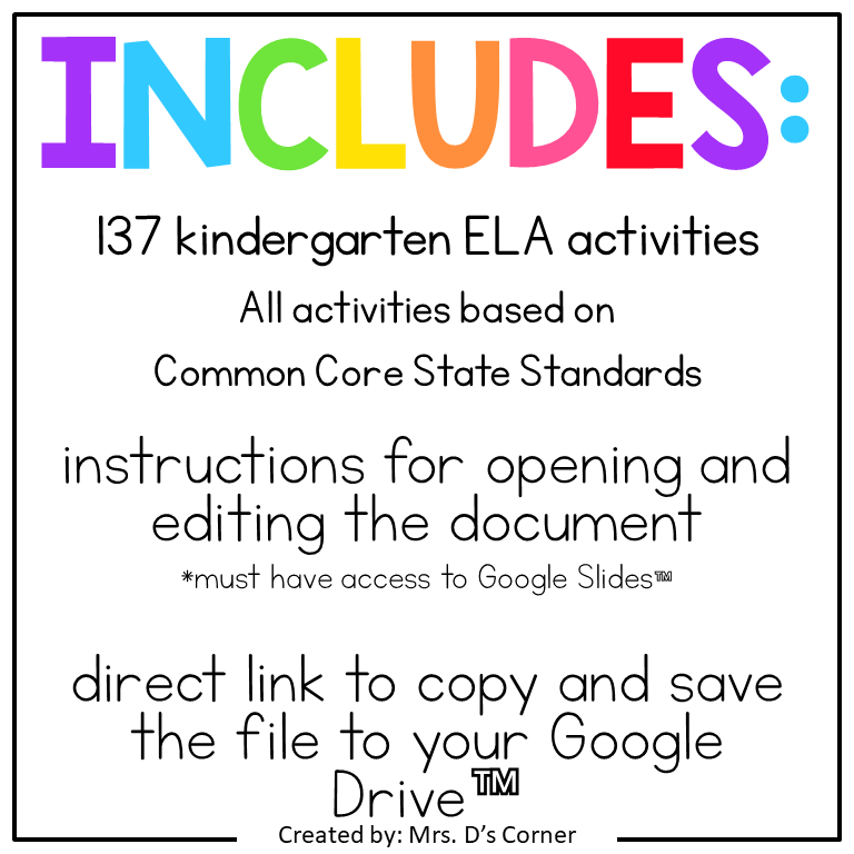 Kindergarten English Language Arts Standards Aligned Digital Bundle
