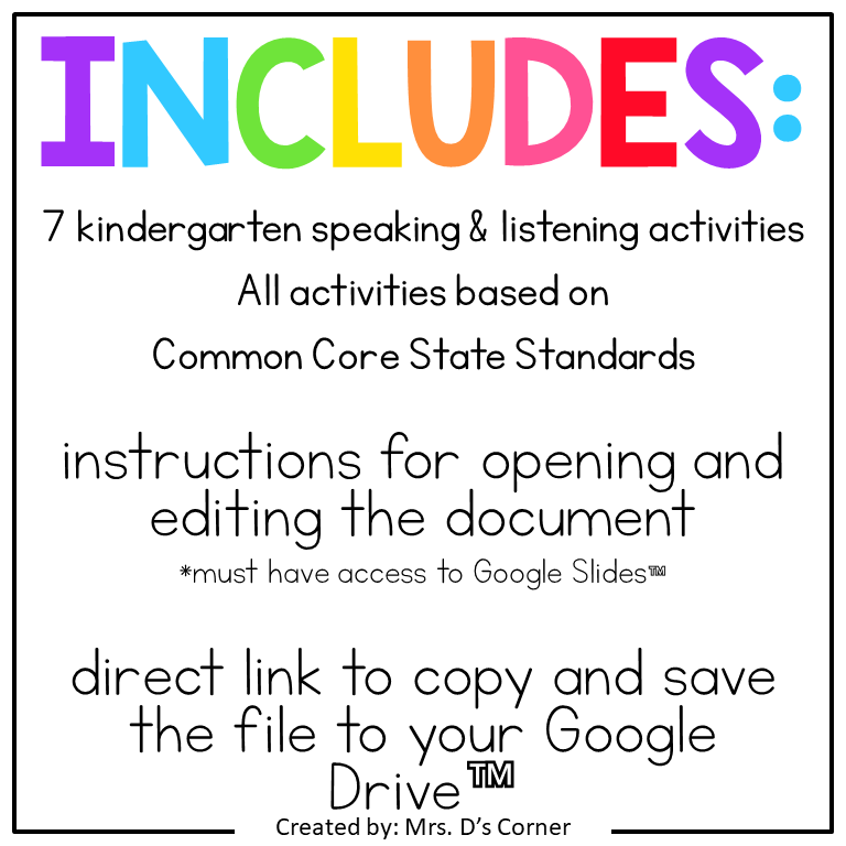 Kindergarten Speaking and Listening Standards-Aligned Digital Activity Bundle