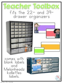 Editable Melonheadz Teacher Toolbox Labels { fits 22- and 39- drawer organizer }