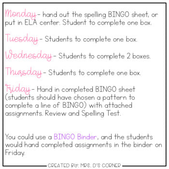 Spelling BINGO Sheets - Spelling Menu ( for ELA centers or Homework )