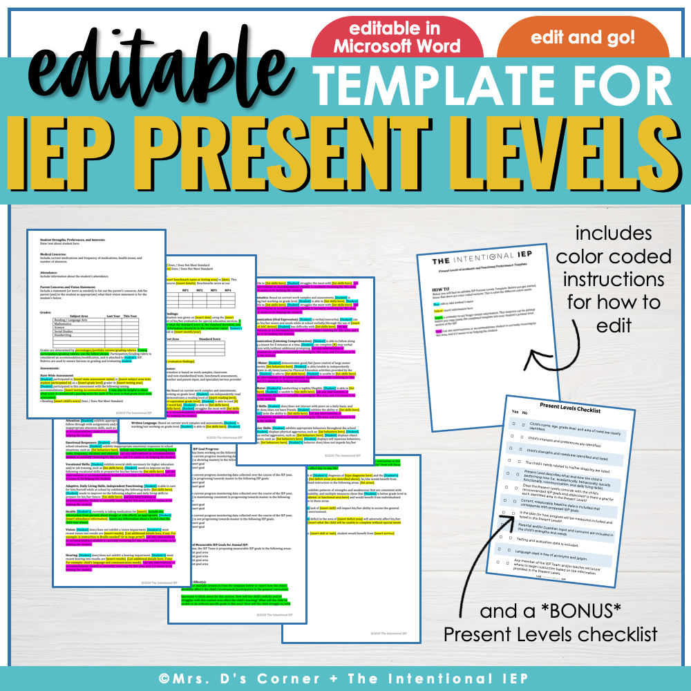 Editable IEP Present Level Template for Special Ed Teachers | PLAAFP PLOP