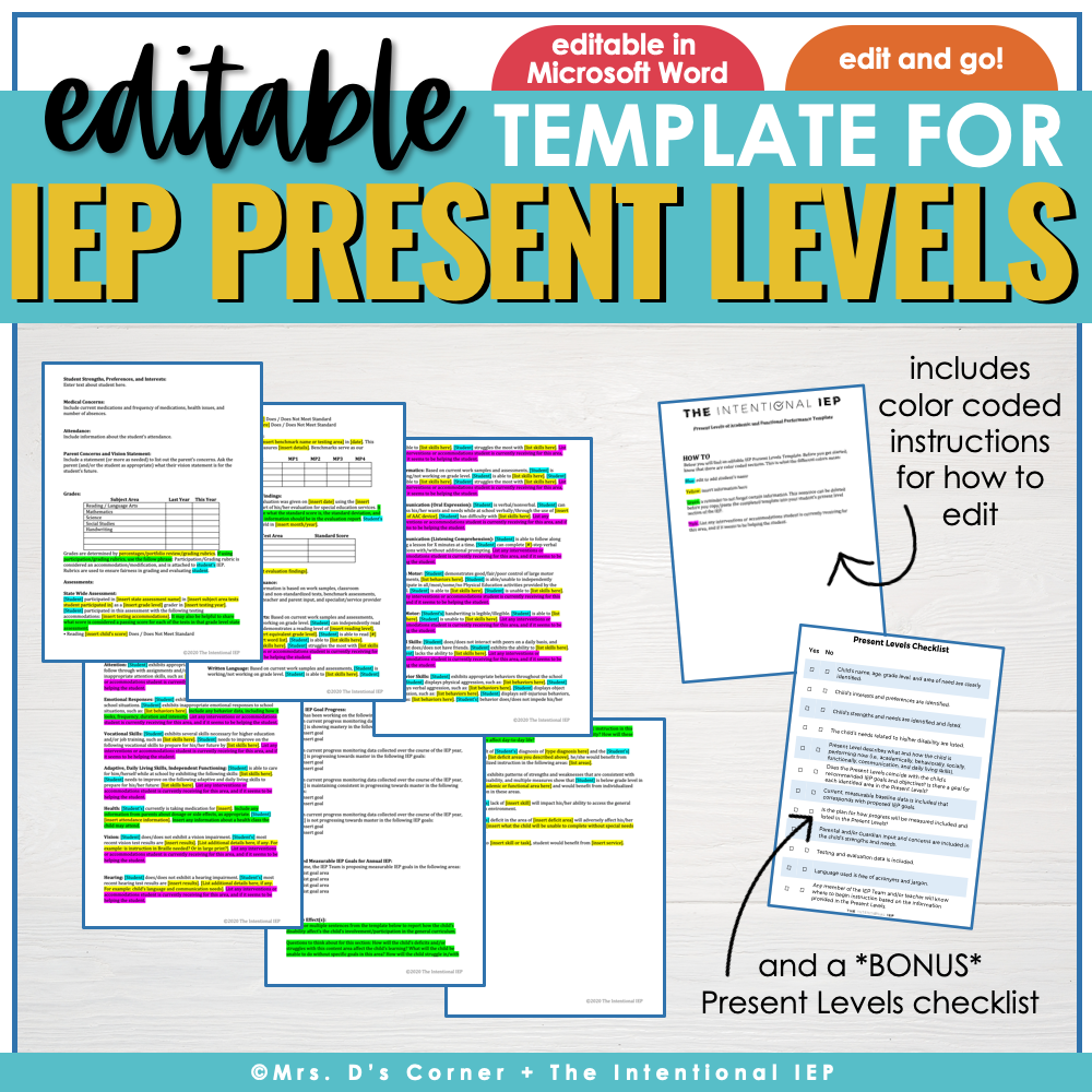 Editable IEP Present Level Template for Special Ed Teachers PLAAFP P