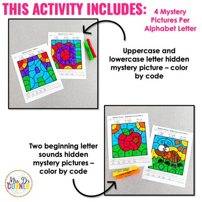 Alphabet Color-by-Code Mystery Pictures | 4 Puzzles for Each Letter
