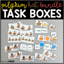 Load image into Gallery viewer, Pilgrim Hat Letters Numbers 2D Shapes Colors Task Boxes Bundle for Special Ed