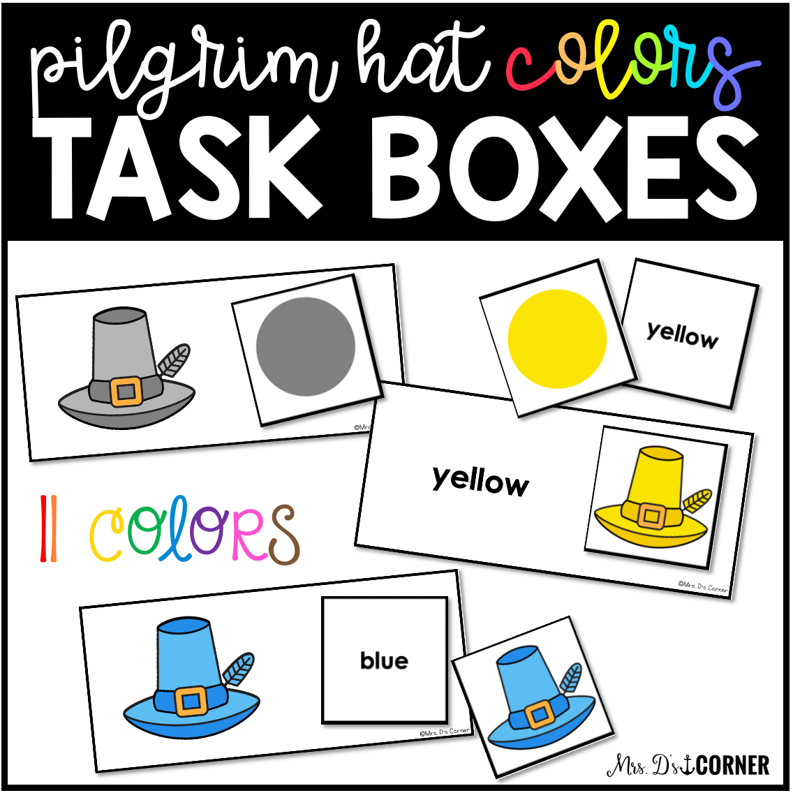 Pilgrim Hat Letters Numbers 2D Shapes Colors Task Boxes Bundle for Special Ed