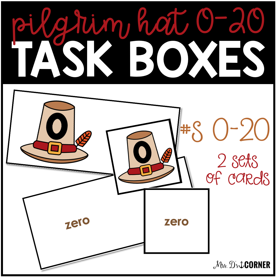 Pilgrim Hat Letters Numbers 2D Shapes Colors Task Boxes Bundle for Special Ed