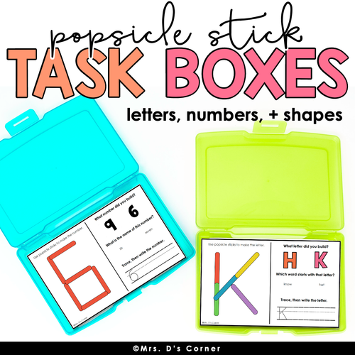 Popsicle Stick Letters Numbers and 2D Shapes Task Boxes for Special Education