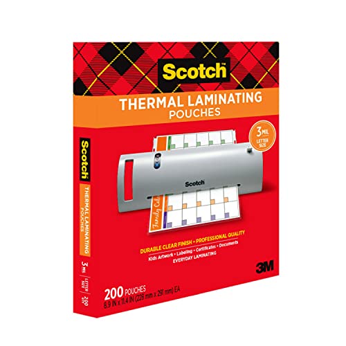 Scotch Thermal Laminating Pouches, 200 Count, Clear, 3 mil., Laminate Business Cards, Banners and Essays, Ideal Office or School Supplies, Fits Letter Sized (8.9 in. × 11.4 in.) Paper