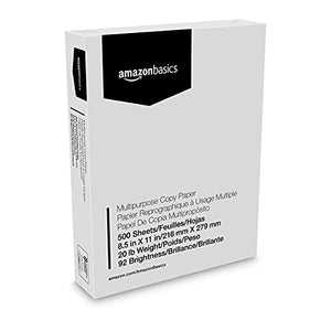 Amazon Basics Multipurpose Copy Printer Paper, 8.5" x 11", 20lb, 1 Ream (500 Sheets), 92 Bright, White