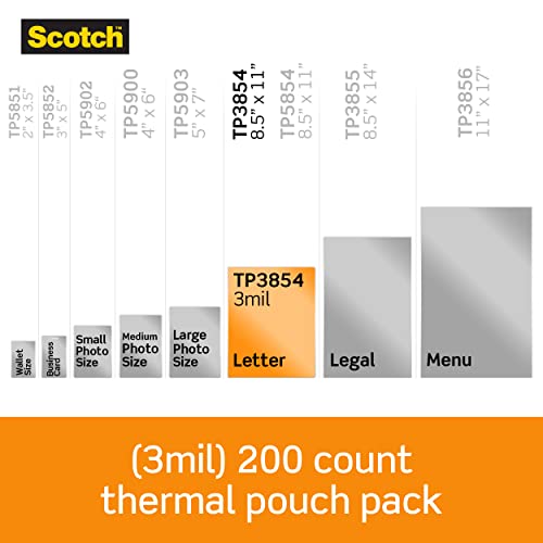 Scotch Thermal Laminating Pouches, 200 Count, Clear, 3 mil., Laminate Business Cards, Banners and Essays, Ideal Office or School Supplies, Fits Letter Sized (8.9 in. × 11.4 in.) Paper