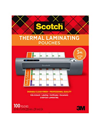 Scotch Thermal Laminating Pouches, 100 Pack Laminating Sheets, 3 Mil, 8.9 x 11.4 Inches, Education Supplies & Craft Supplies, For Use With Thermal Laminators, Letter Size Sheets (TP3854-100)