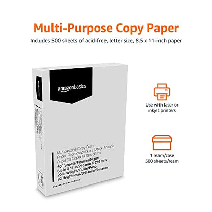 Amazon Basics Multipurpose Copy Printer Paper, 8.5" x 11", 20lb, 1 Ream (500 Sheets), 92 Bright, White