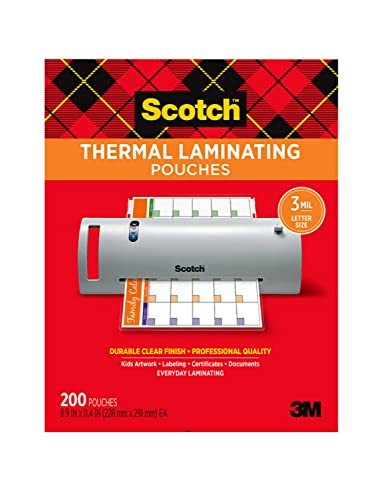 Scotch Thermal Laminating Pouches, 200 Count, Clear, 3 mil., Laminate Business Cards, Banners and Essays, Ideal Office or School Supplies, Fits Letter Sized (8.9 in. × 11.4 in.) Paper