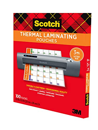 Scotch Thermal Laminating Pouches, 100 Pack Laminating Sheets, 3 Mil, 8.9 x 11.4 Inches, Education Supplies & Craft Supplies, For Use With Thermal Laminators, Letter Size Sheets (TP3854-100)