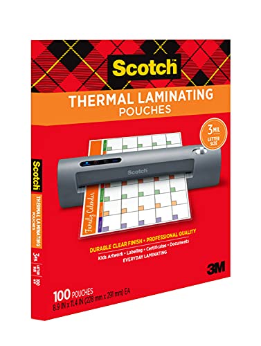 Scotch Thermal Laminating Pouches, 100 Pack Laminating Sheets, 3 Mil, 8.9 x 11.4 Inches, Education Supplies & Craft Supplies, For Use With Thermal Laminators, Letter Size Sheets (TP3854-100)