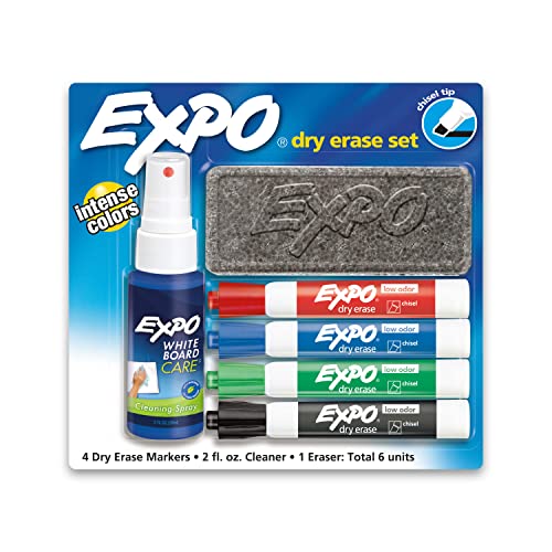 EXPO Low Odor Dry Erase Marker Starter Set, Chisel Tip, Assorted, Whiteboard Eraser, Cleaning Spray, 6 Count