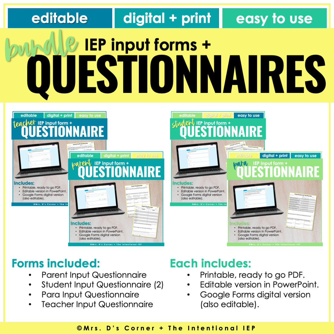 Bundle of IEP Input Questionnaires for All IEP Team Members | Editable + Digital