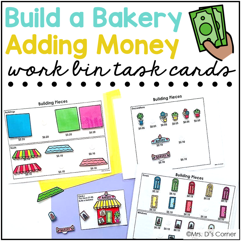 Build a Bakery (Adding Money to $3) Work Bin Task Cards | Centers for Special Ed