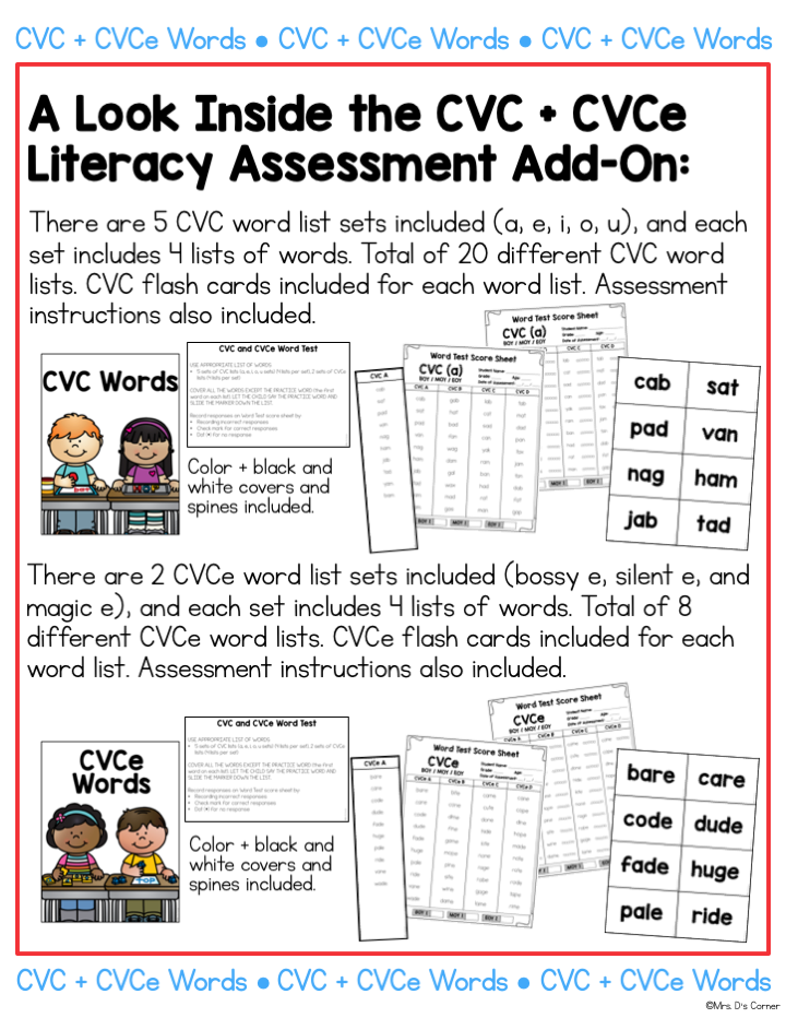 CVC and CVCe Word Lists Literacy Assessment ADD ON #1 – mrsdsshop