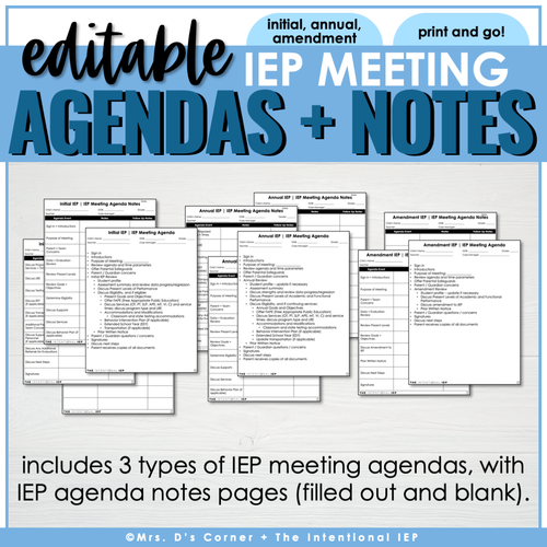 Editable IEP Meeting Agendas (Initial, Annual, Amendment) with Agenda Notes