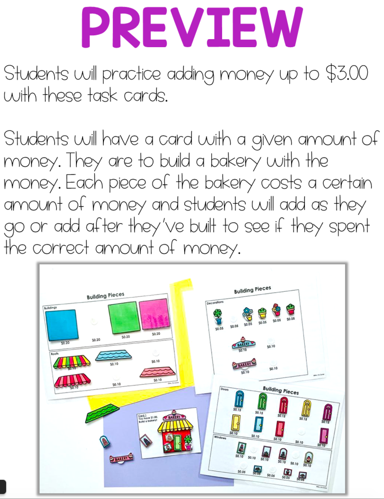 Build a Bakery (Adding Money to $3) Work Bin Task Cards | Centers for Special Ed