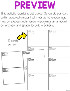 Build a Bakery (Adding Money to $3) Work Bin Task Cards | Centers for Special Ed