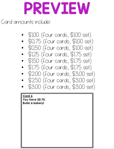 Build a Bakery (Adding Money to $3) Work Bin Task Cards | Centers for Special Ed