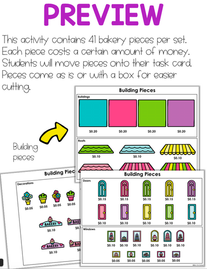 Build a Bakery (Adding Money to $3) Work Bin Task Cards | Centers for Special Ed