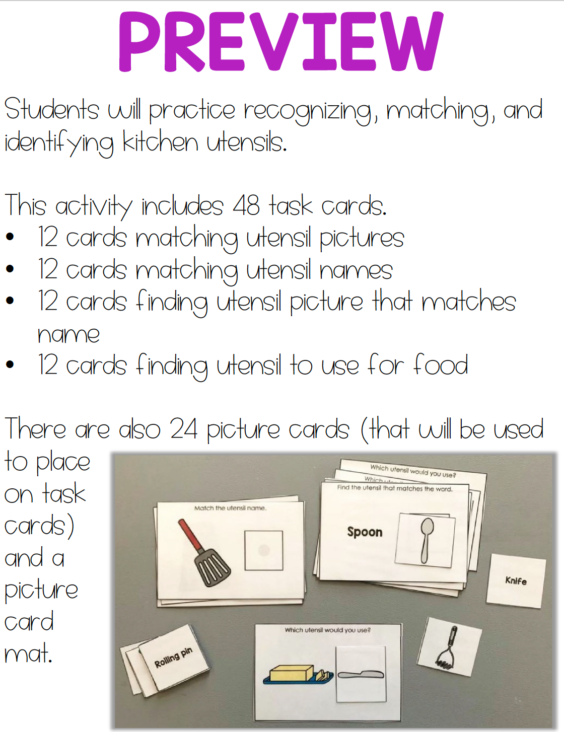 Identifying Kitchen Utensils Work Bin Task Cards | Centers for Special Ed