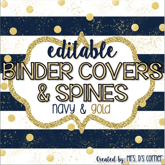 32 Editable Binder Covers { Navy and Gold } with 120 Editable Spines