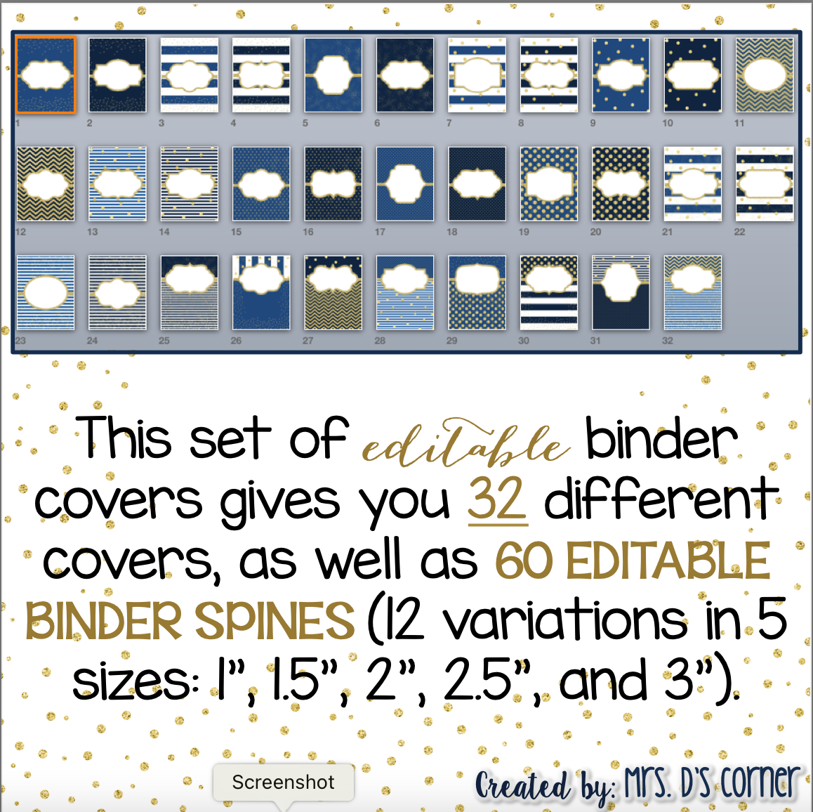 32 Editable Binder Covers { Navy and Gold } with 120 Editable Spines