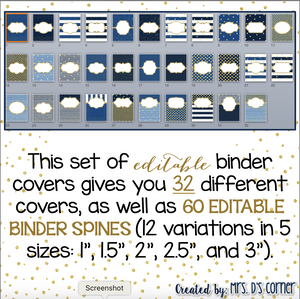 32 Editable Binder Covers { Navy and Gold } with 120 Editable Spines