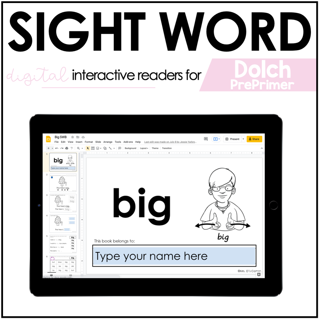 Digital Pre-Primer Dolch Sight Word Books | Dolch Sight Word Readers