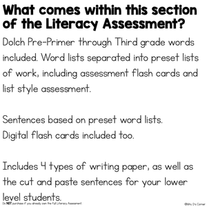 Dolch Words + Sentences Assessment, Writing - Literacy Reading Assessment