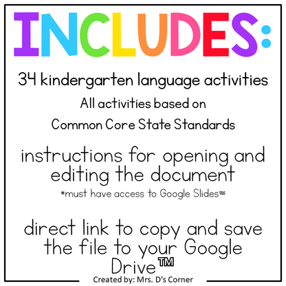 Kindergarten Language Standards-Aligned Digital Activity Bundle