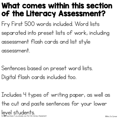 Fry First 500 Words + Sentences Assessment, Writing- Literacy Reading Assessment