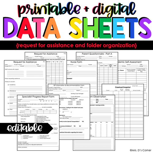 Request for Assistance + Folder Organization Data Forms | Editable Data Sheets