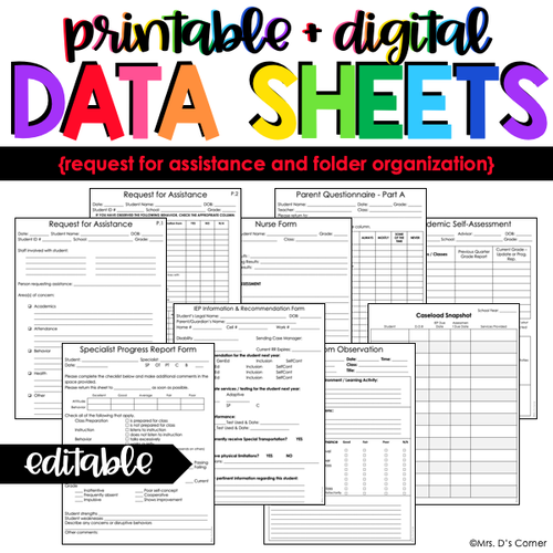 Request for Assistance + Folder Organization Data Forms | Editable Data Sheets