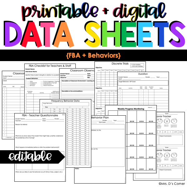 Functional Behavior Assessment + Behavior Data Forms | Editable Data Sheets