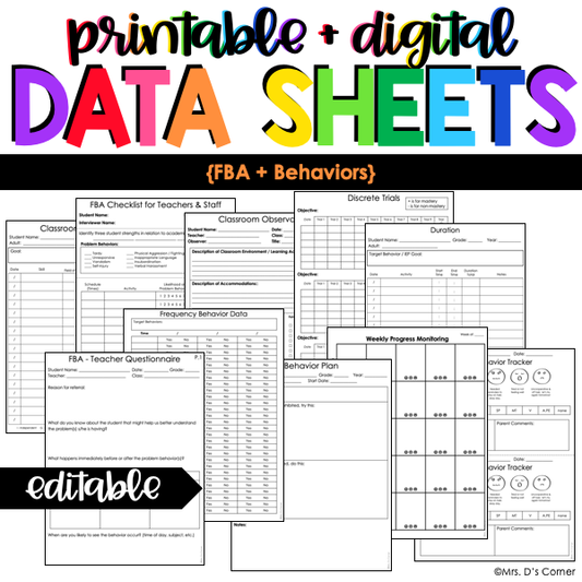 Functional Behavior Assessment + Behavior Data Forms | Editable Data Sheets