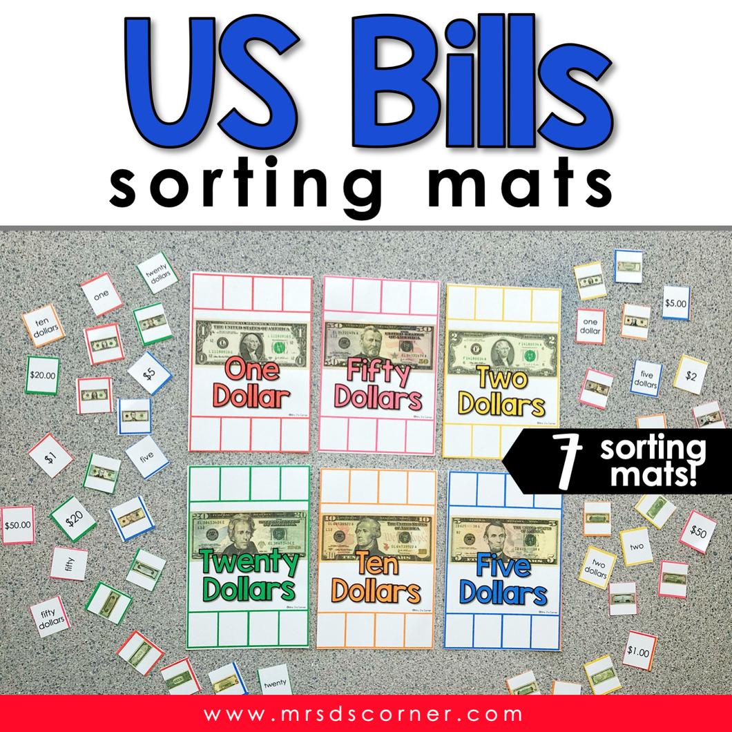 US Dollar Bills Sorting Mats [6 mats included] | US Money Sorting Mats
