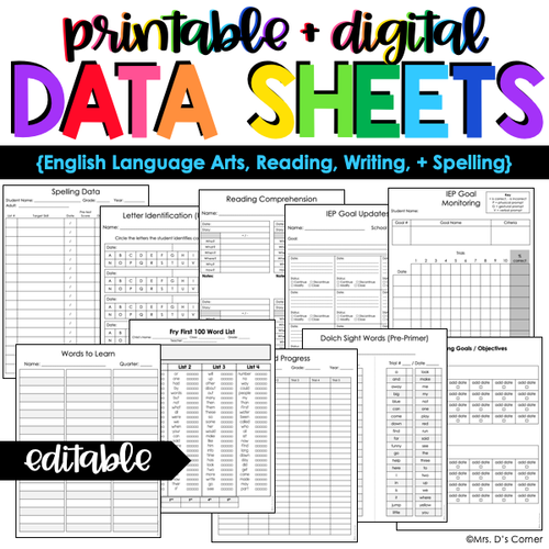 ELA, Reading, Writing + Spelling Data Forms | Editable Data Sheets