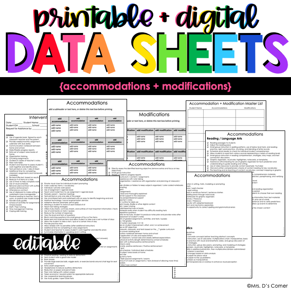 Accommodations + Modifications Data Forms | Editable Data Sheets