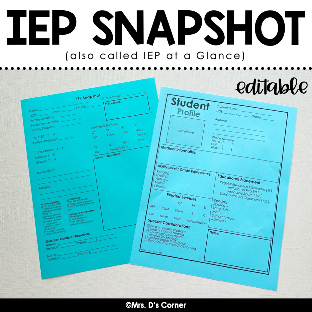 Editable IEP Snapshot - IEP at a Glance - IEP Data Sheet