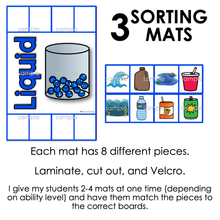 Load image into Gallery viewer, States of Matter Sorting Mats [3 mats included] | Solid Liquid Gas Sorting Mats