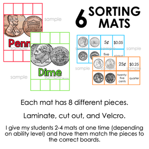 US Money Coins Sorting Mats [6 mats included] | Money Sorting Mats