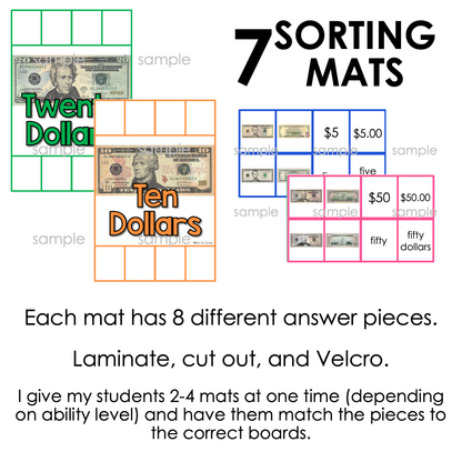 US Dollar Bills Sorting Mats [6 mats included] | US Money Sorting Mats