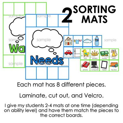 Wants and Needs Sorting Mats [2 mats included] | Want VS Need Activity