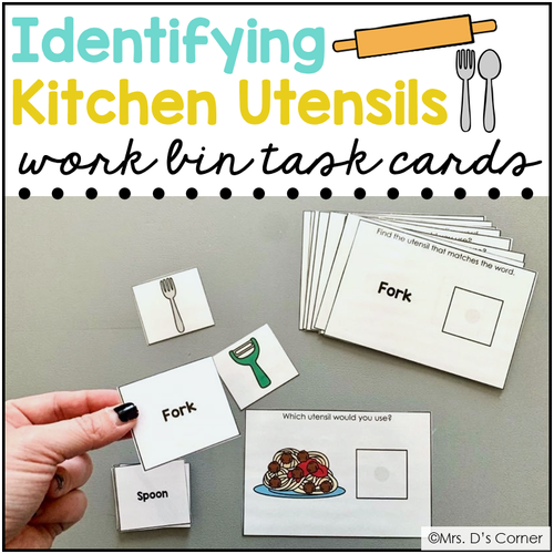 Identifying Kitchen Utensils Work Bin Task Cards | Centers for Special Ed